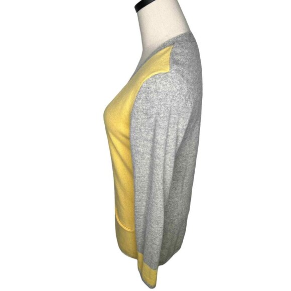 Neiman Marcus M 100% Cashmere VARSITY Sweater Long Cardigan Luxury Yellow Gray - Picture 4 of 6